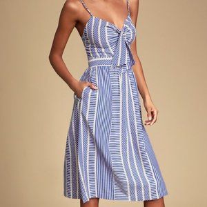 Lush Tie-Front Midi Dress Blue and White Stripe Size Medium  NWT